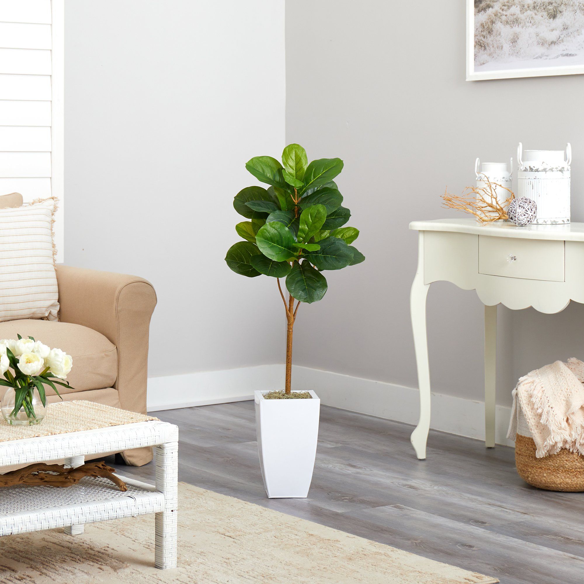 Artificial Fiddle Leaf Fig Tree in White Planter, 45”