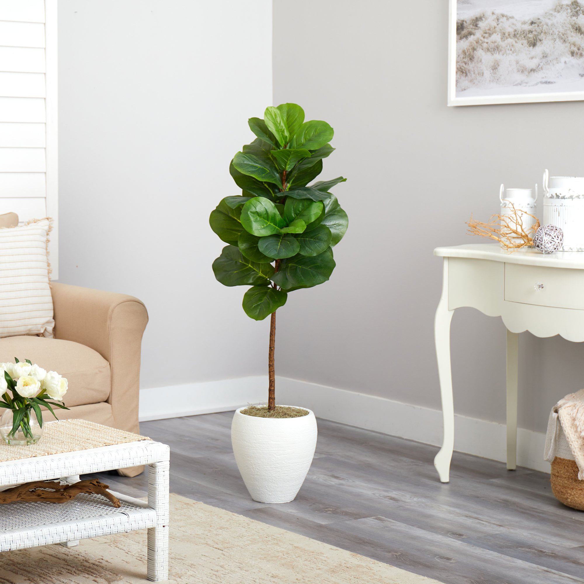 Artificial Fiddle Leaf Fig Tree in White Planter, 52”