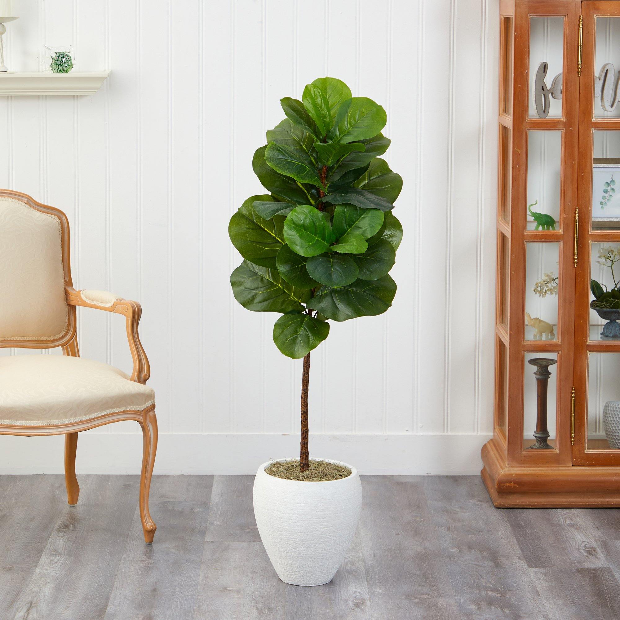 Artificial Fiddle Leaf Fig Tree in White Planter, 52”
