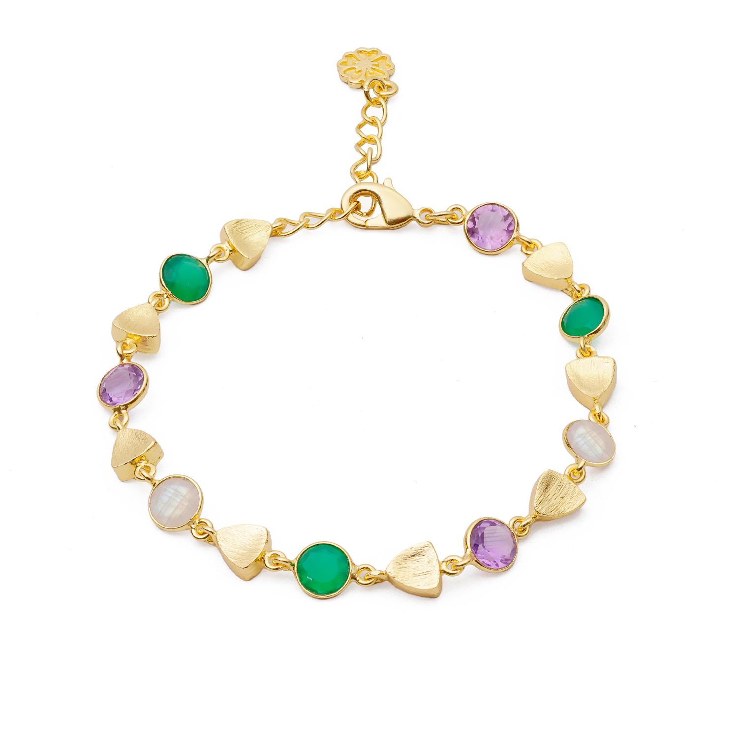 Gold Sara Mixed Gemstone Bracelet Green Onyx, Amethyst &amp; Moonstone