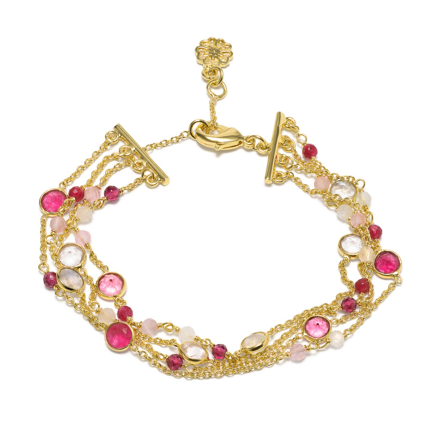 Hydra Multi-Strand Gold Chain and Gemstone Bracelet  Moonstone, Rose Quartz, Pink Jade &amp; Pink Tourmaline