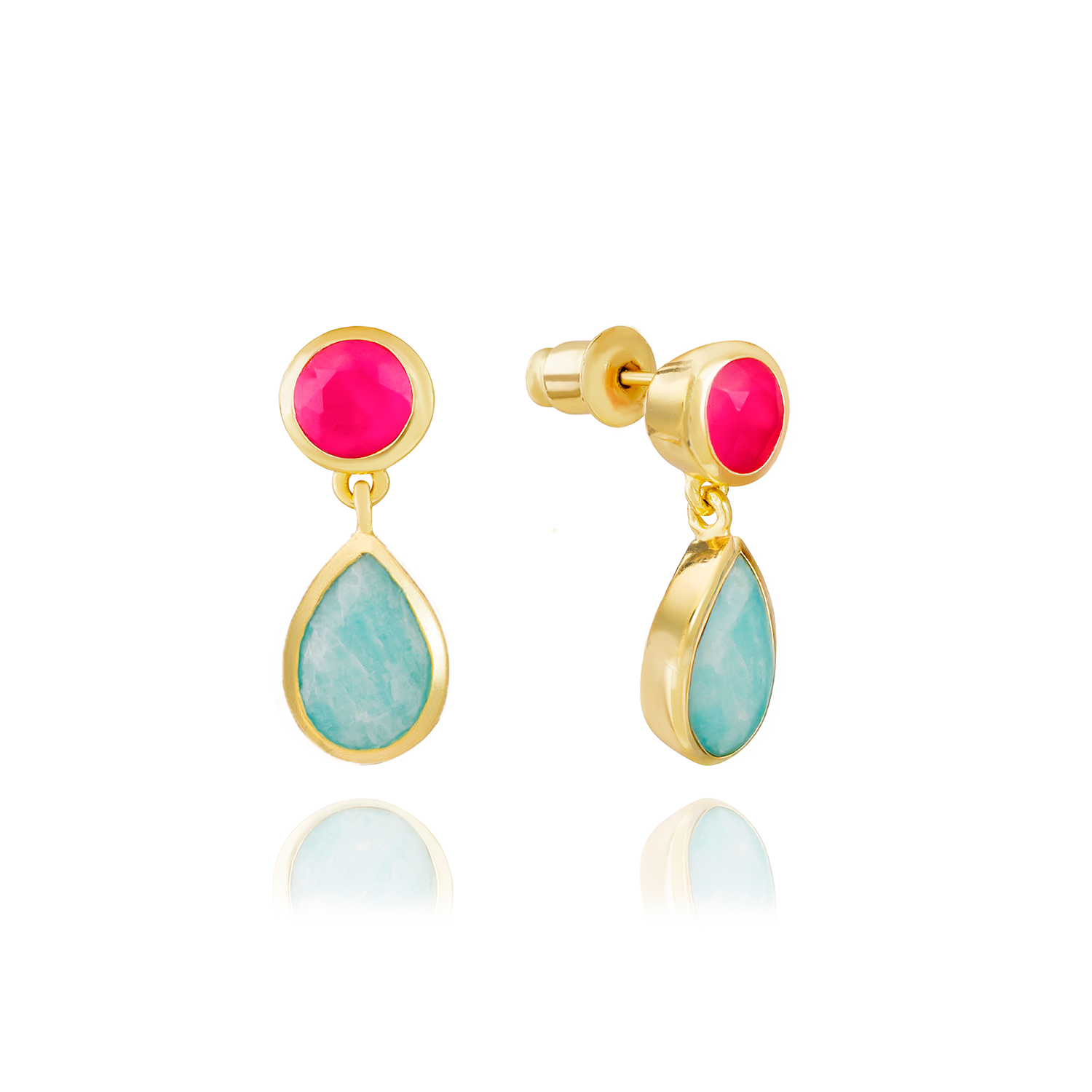 Iris Double Gemstone Drop Earrings with Fuchsia Onyx &amp; Amazonite