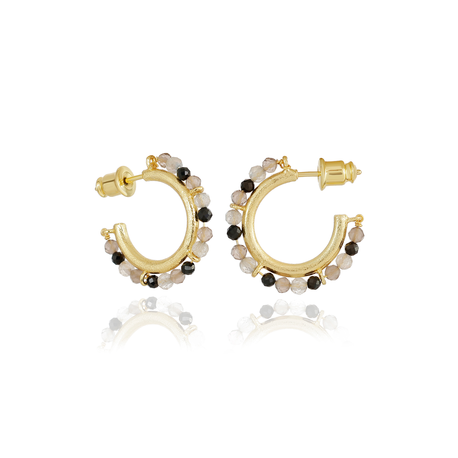 Ophelia Small Gemstone Hoops Smoky Quartz, Labradorite &amp; Black Onyx