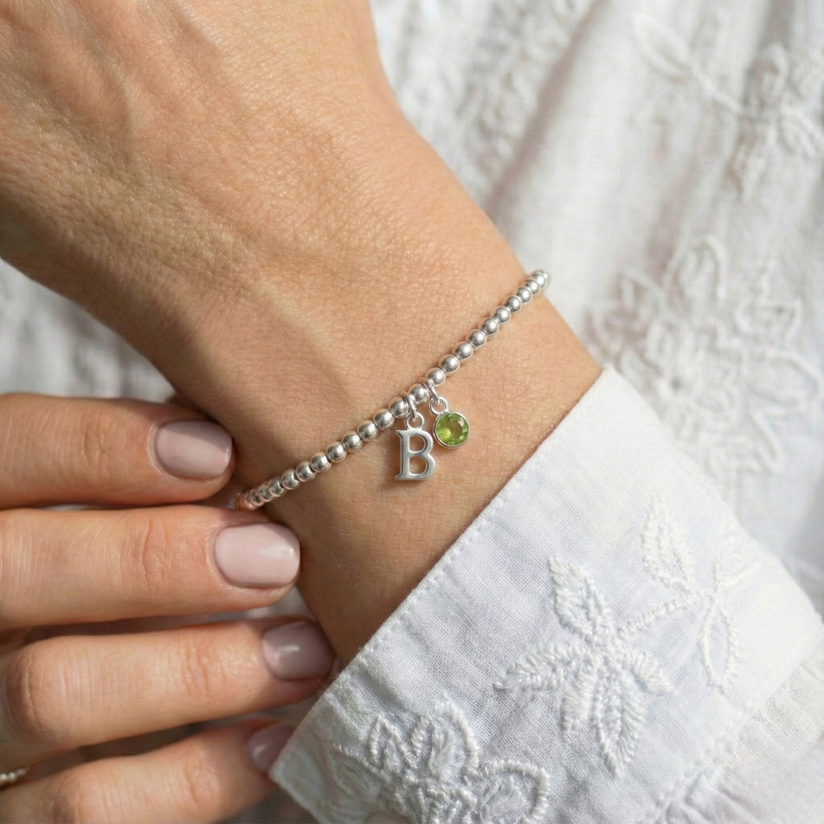 Initial &amp; August Birthstone Bracelet | Personalised Stretch Bead Bracelet