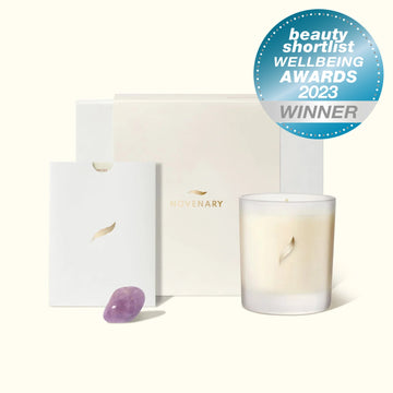 Luxury Aum Candle with bergamot, vetiver, galbanum essential oils, calming, grounding, stress relief, restful sleep, handcrafted, premium soy wax by Novenary at brixbailey.com