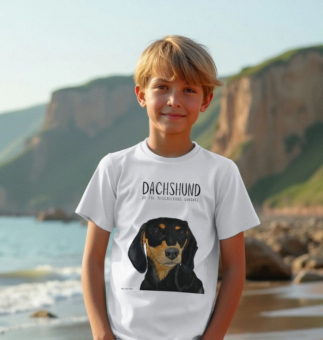 Mischievous Black &amp; Tan Hot Dog Kids' T-Shirt – Small Pup, Big Attitude!