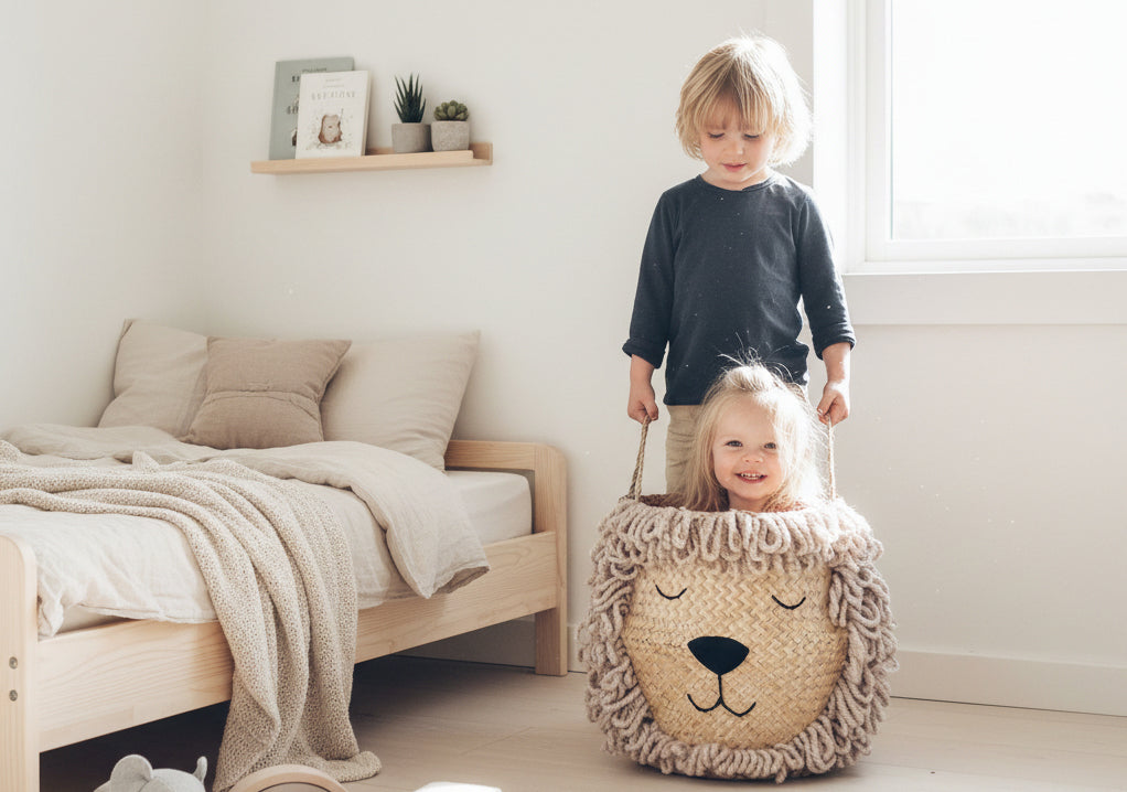 Two children playing with a lion-shaped storage basket in a bedroom
