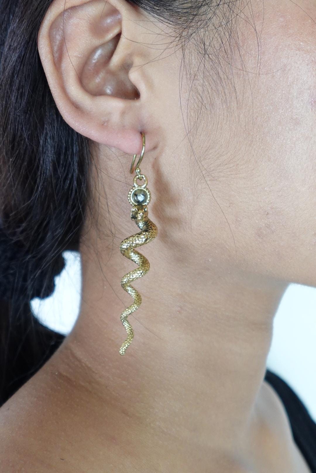 Serpentina Spiral Dangles - Twisted Brass Snake Earrings in Gold/Silver Tone.