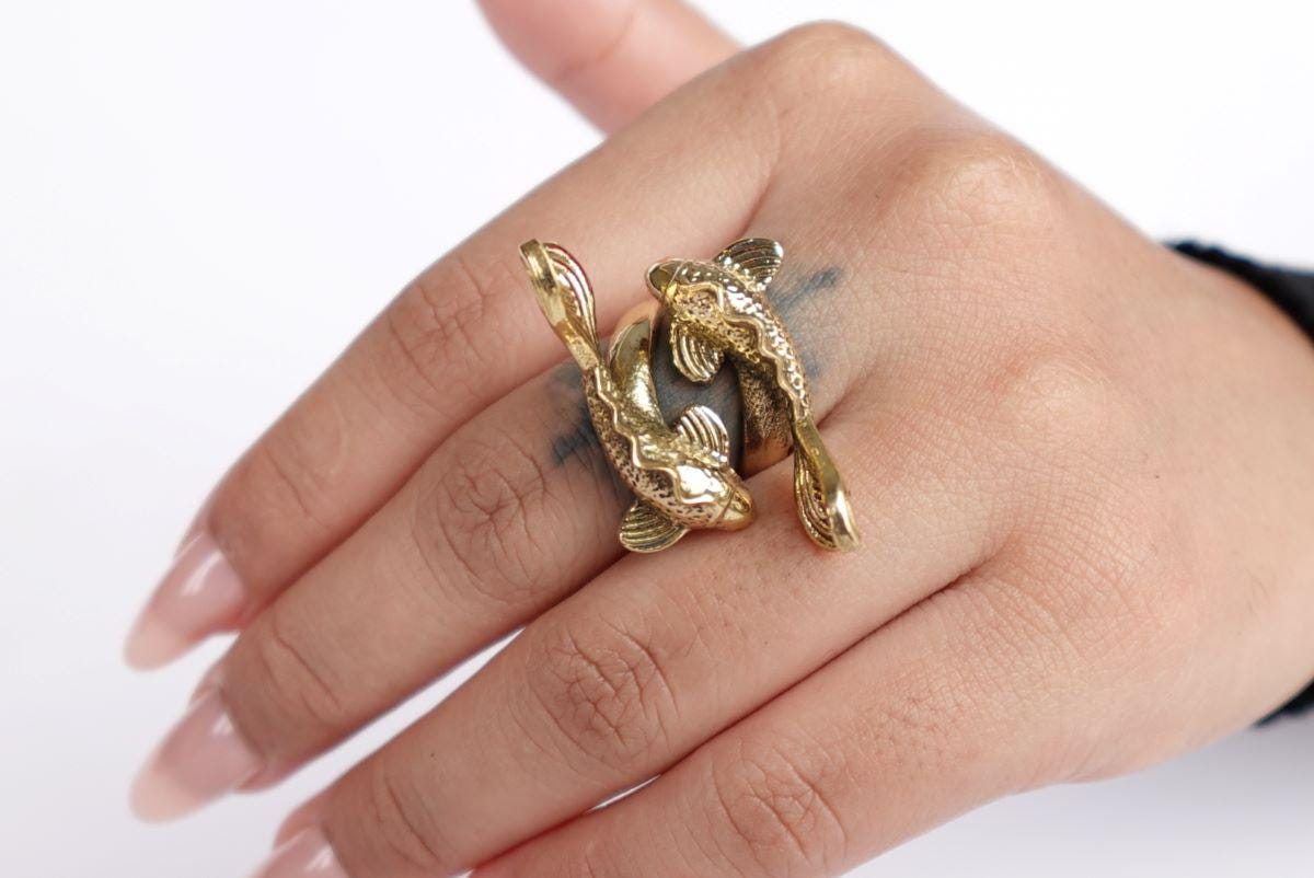 Twin Koi Fish Adjustable Ring – Brass Art Jewellery Inspired by Nature.