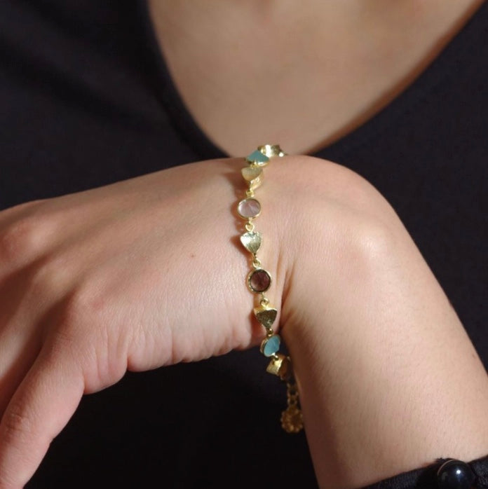 Gold Sara Mixed Gemstone Bracelet Pariba Onyx, Smoky Quartz &amp; Rose Quartz