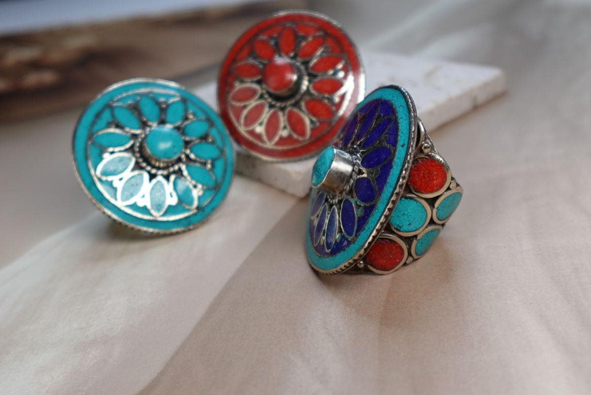 Boho Mandala Statement Rings – Handcrafted Tribal Inlay in Turquoise, Coral &amp; Lapis.
