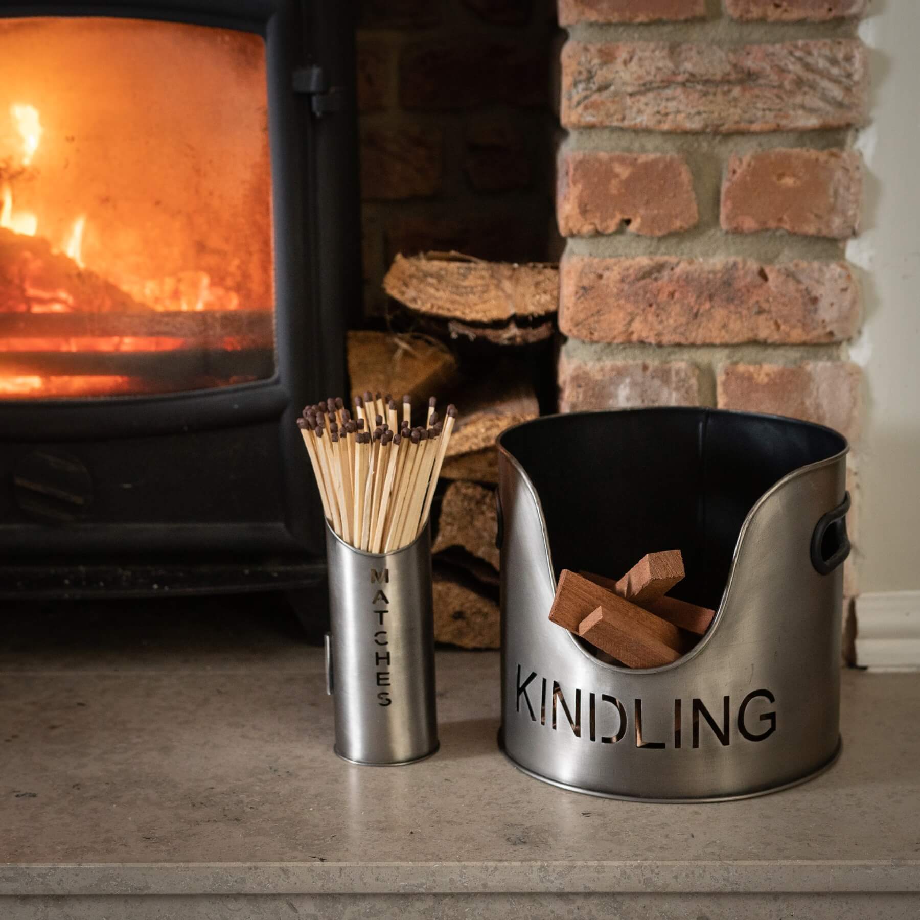 Rustic Pewter Log Bucket with Built In Match Holder