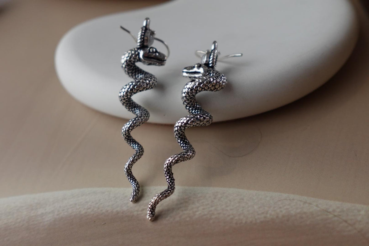 Serpentina Spiral Dangles - Twisted Brass Snake Earrings in Gold/Silver Tone.