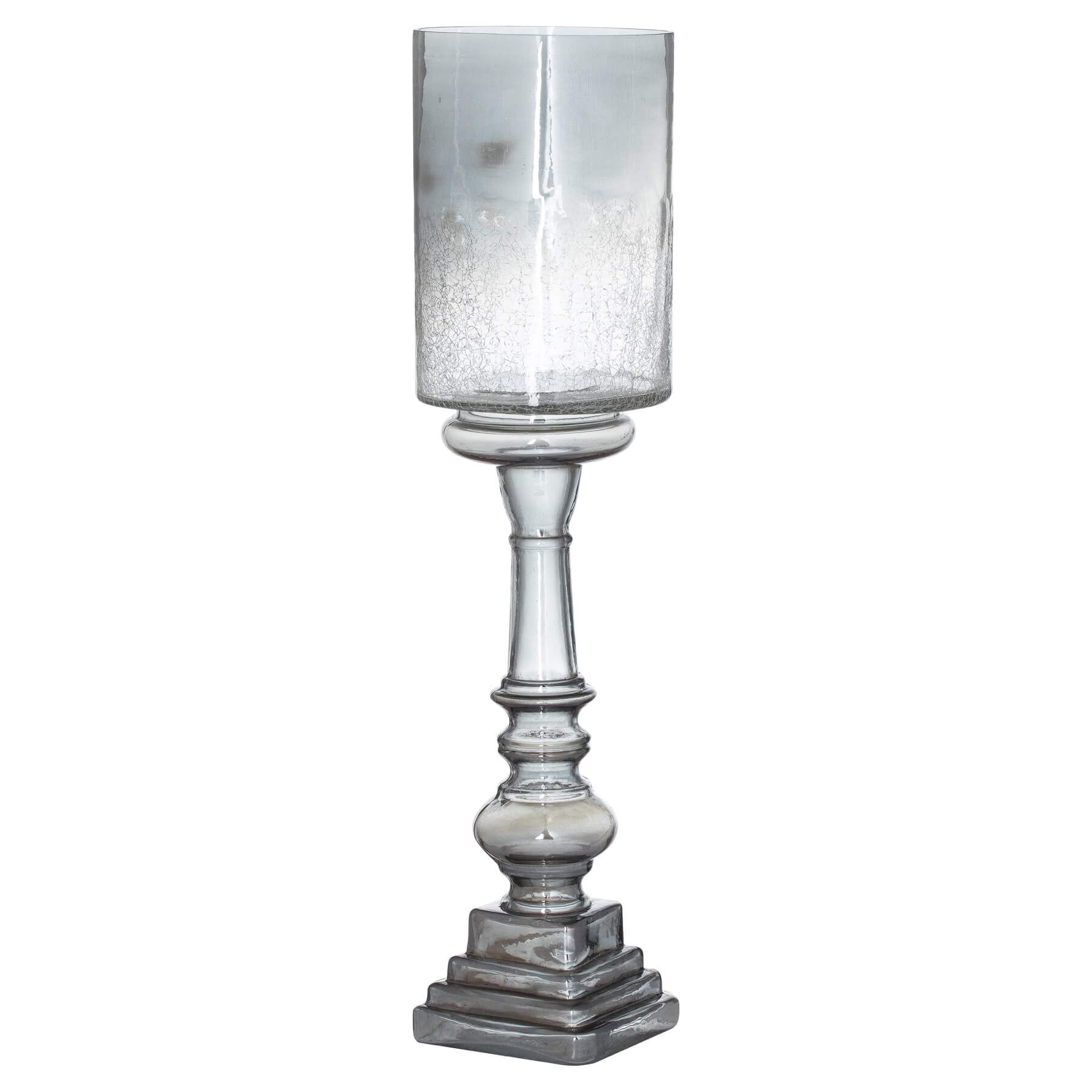 Elegant Silver Smoked Glass Candle Holder | Tall Pillar Design