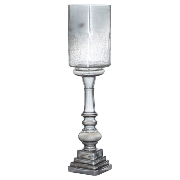 Tall silver smoked glass candle holder, 60cm height, modern elegant centerpiece with warm atmospheric glow by Sostter at brixbailey.com