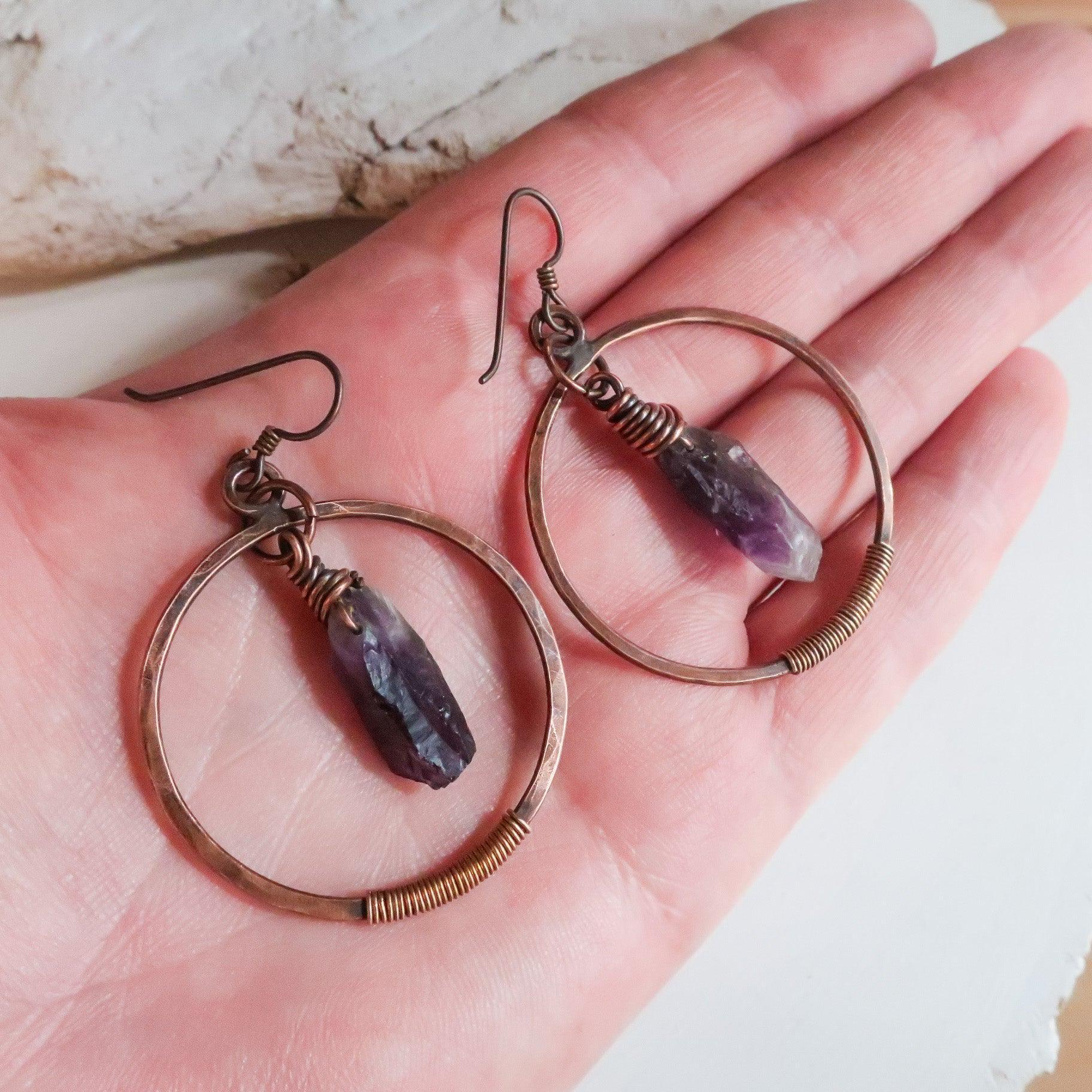 Raw Amethyst Hoops in Copper – Boho | Handmade by Blackbird &amp; Sage