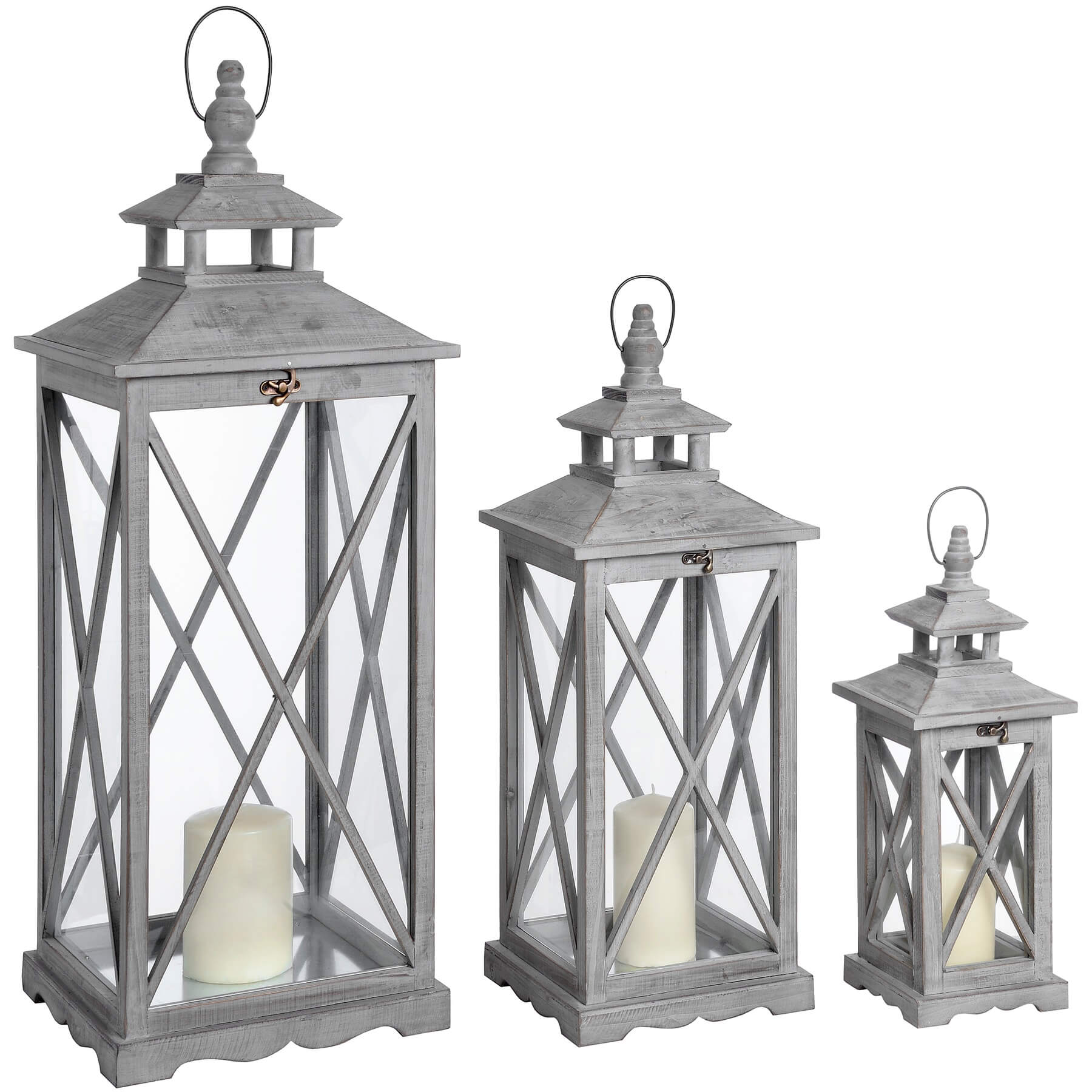 Handcrafted wooden lantern set in weathered grey, three rustic farmhouse decor pieces for candles or LED lights by sostter at brixbailey.com