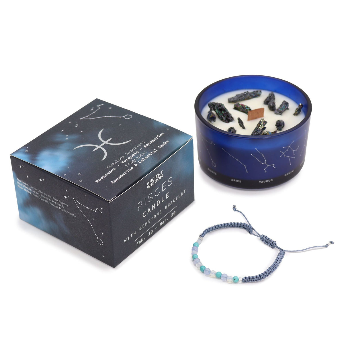 Pisces Zodiac Gift Set — Crystal Candle, Gemstone Bracelet, Bath Fizzers &amp; Fragrance Oil
