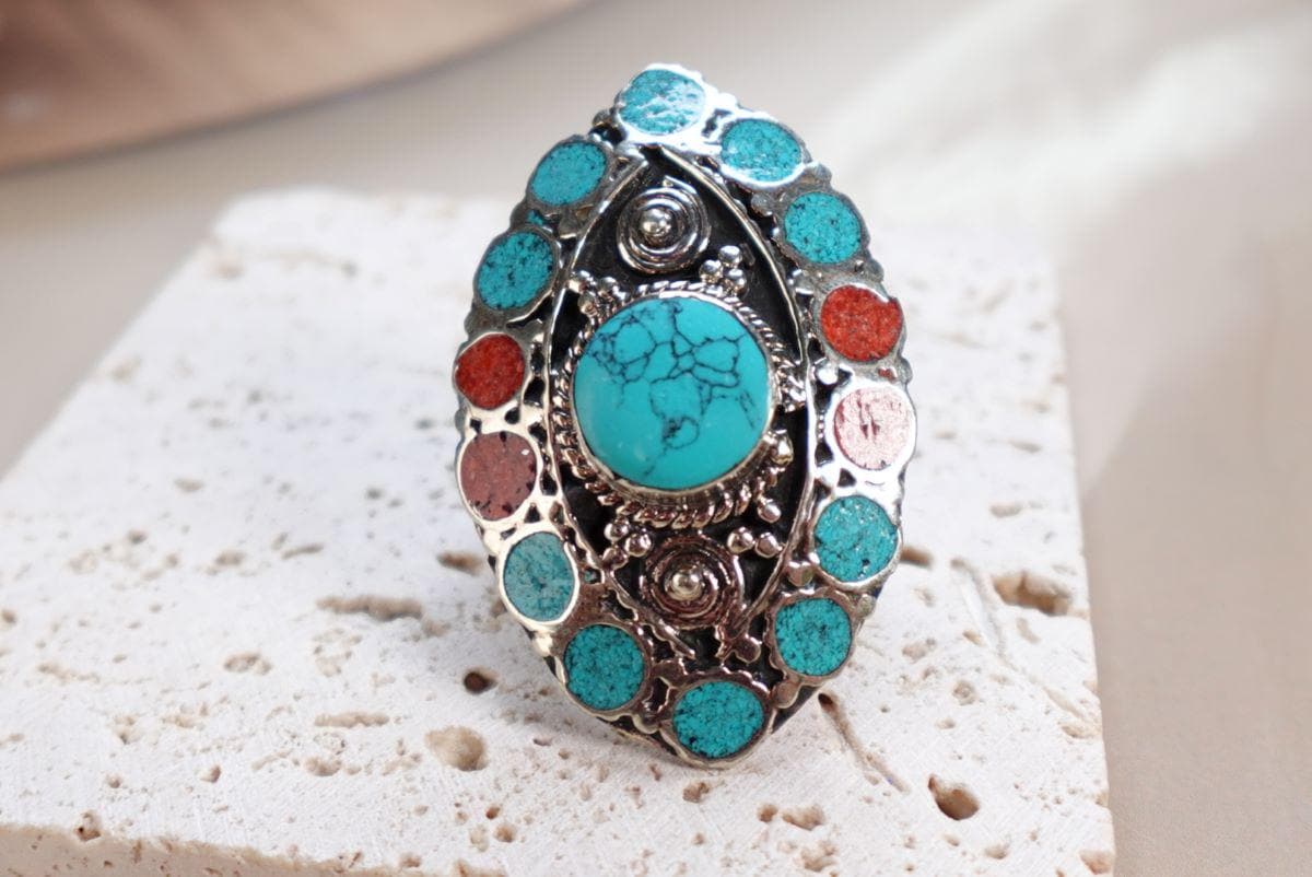 Bohemian Turquoise Statement Ring – Multicoloured Inlay