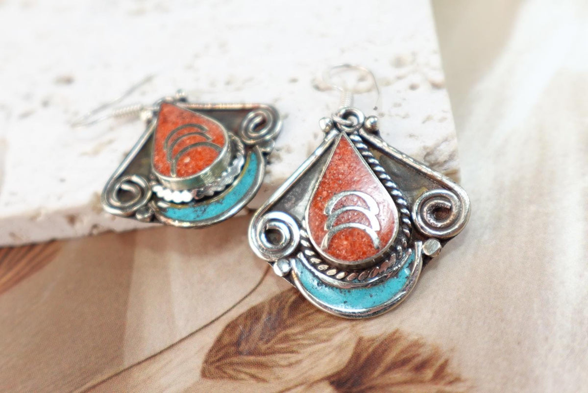 Tibetan Scroll Drop Earrings – Coral & Turquoise Crescent