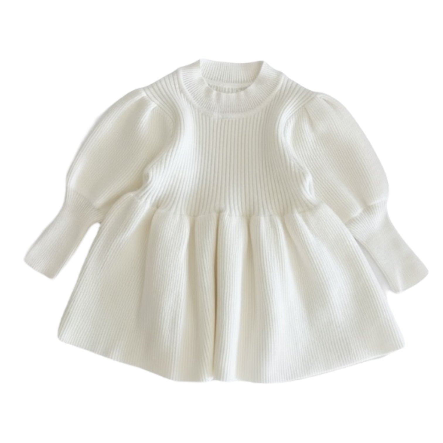 Knitted Lantern Sleeve Dress in White and Beige