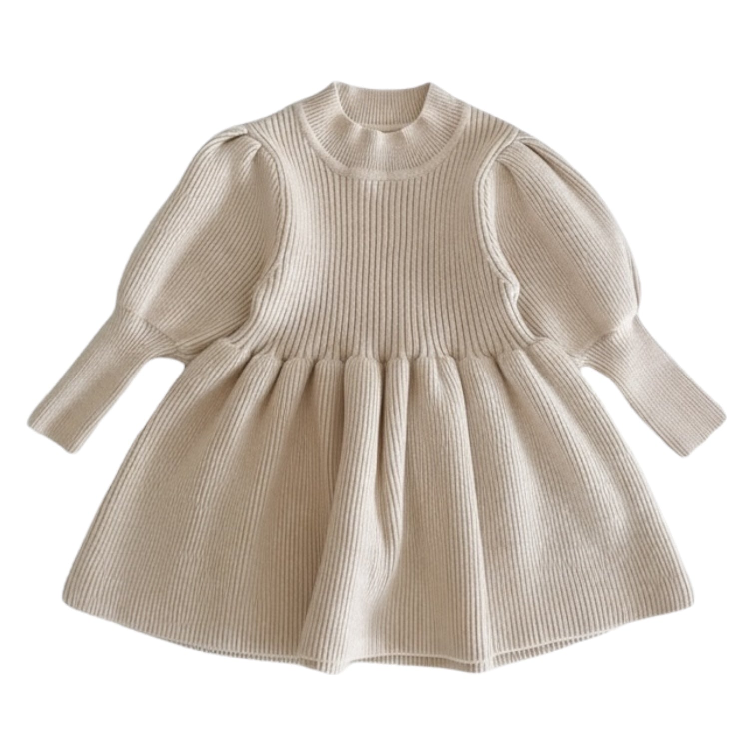 Knitted Lantern Sleeve Dress in White and Beige