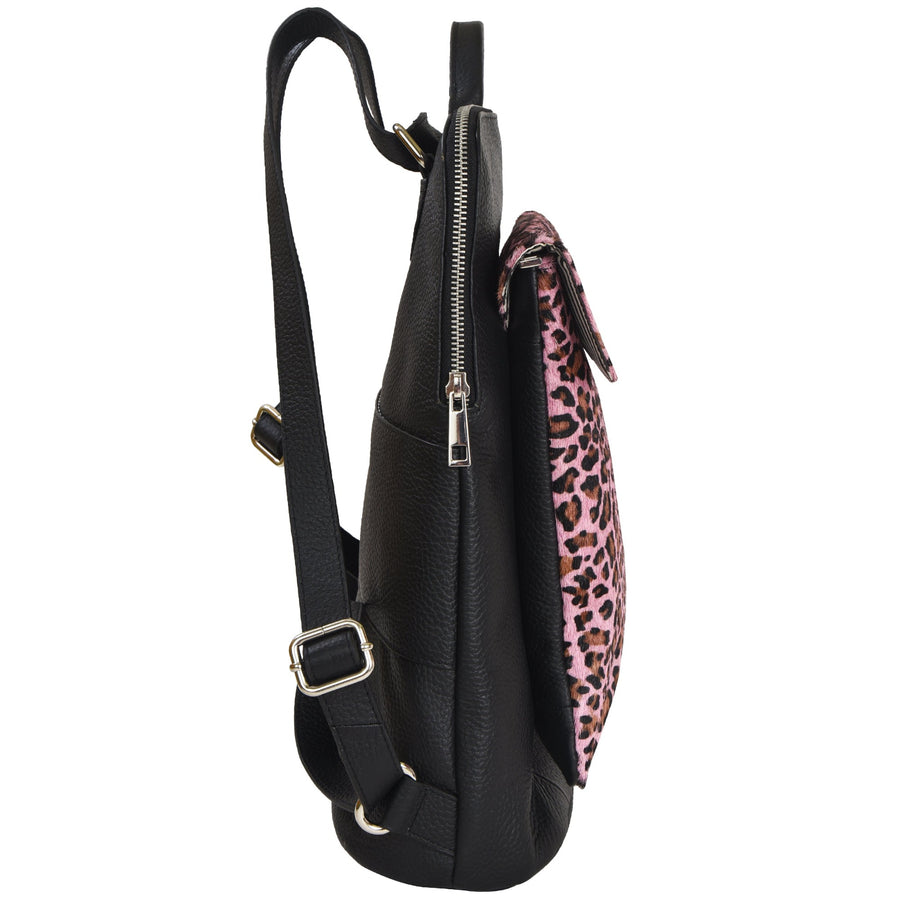 Pink Leopard Print Leather Flap Pocket Backpack Brix and Bailey Ethical Handbag Brand