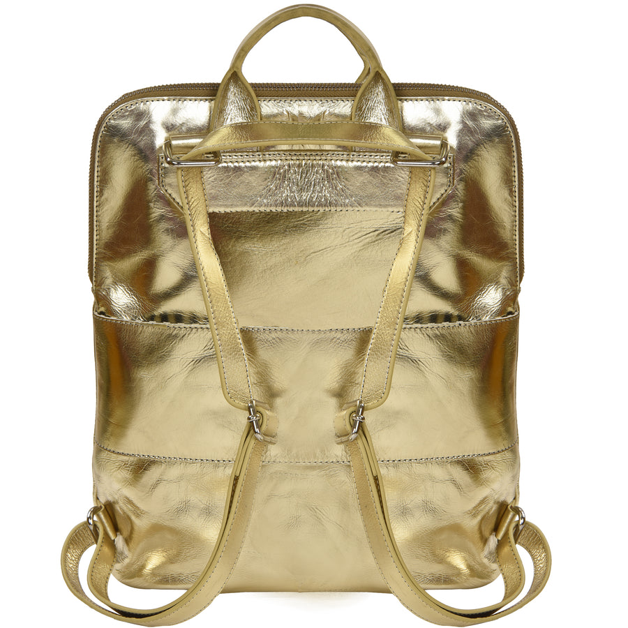 Gold Metallic Leather Flap Pocket Backpack Brix and Bailey Ethical Bag Brand 