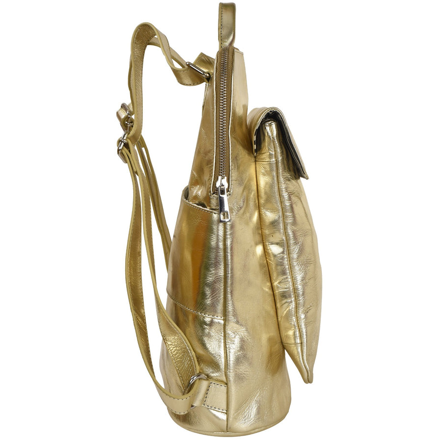 Gold Metallic Leather Flap Pocket Backpack Brix and Bailey Ethical Bag Brand 