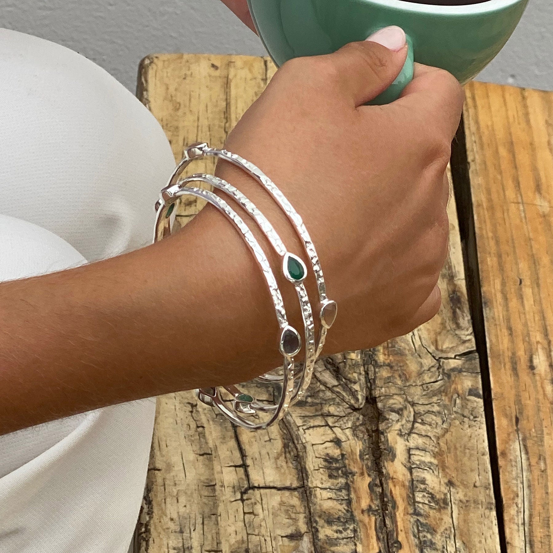 Three Stone Green Onyx Stacking Bangle in Silver