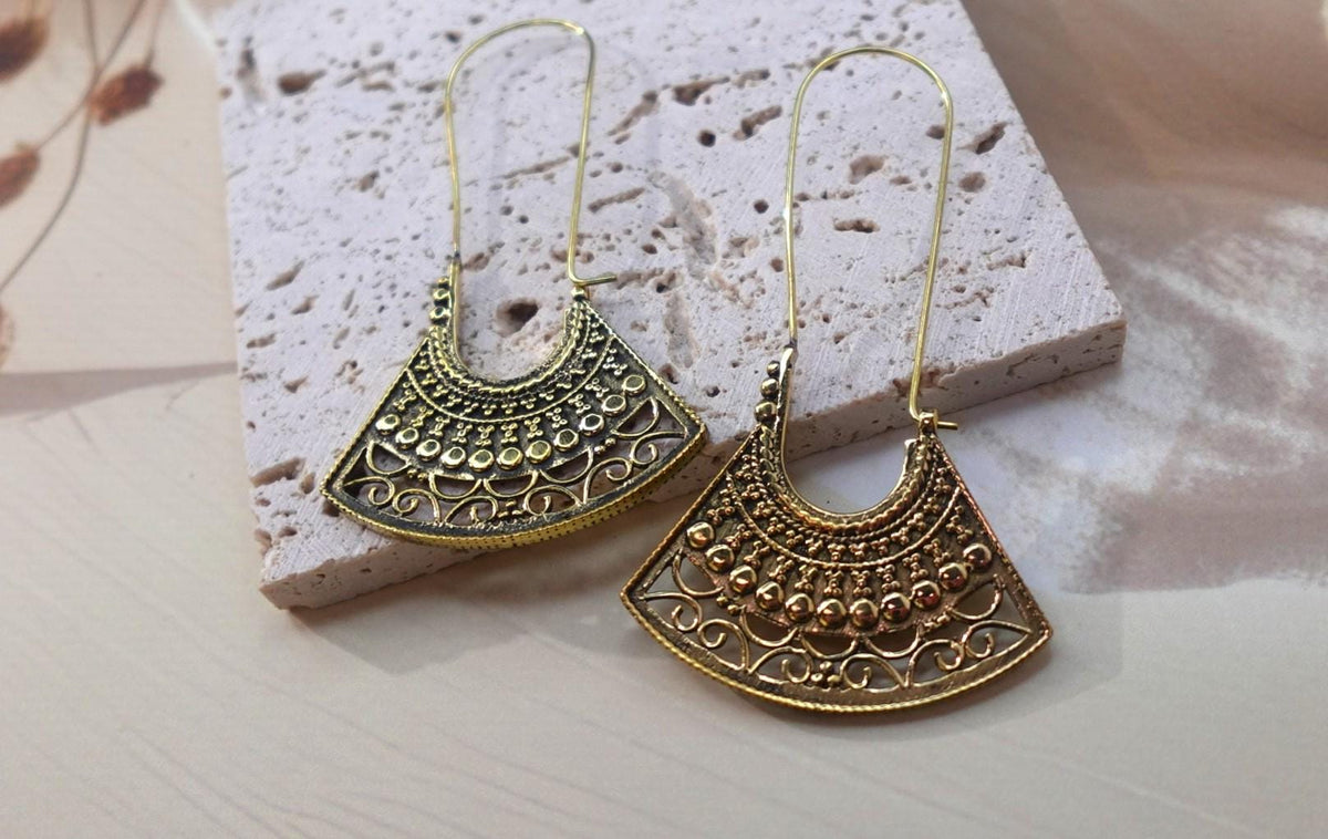 Fan-Shaped Tribal Brass/Silver Earrings