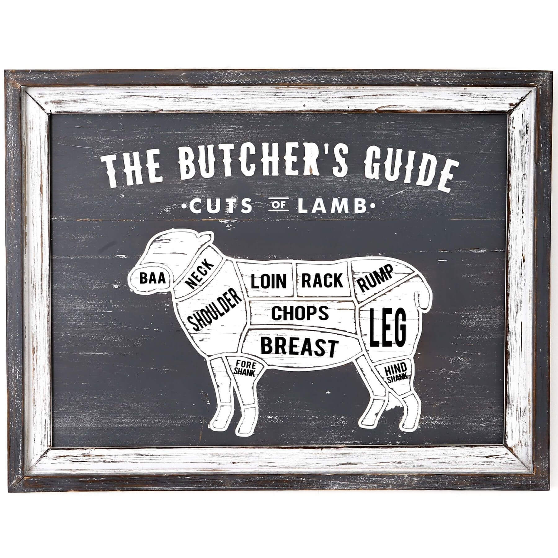 White wooden lamb butcher shop wall plaque with rustic charm for kitchen decor by RoomLondon at brixbailey.com