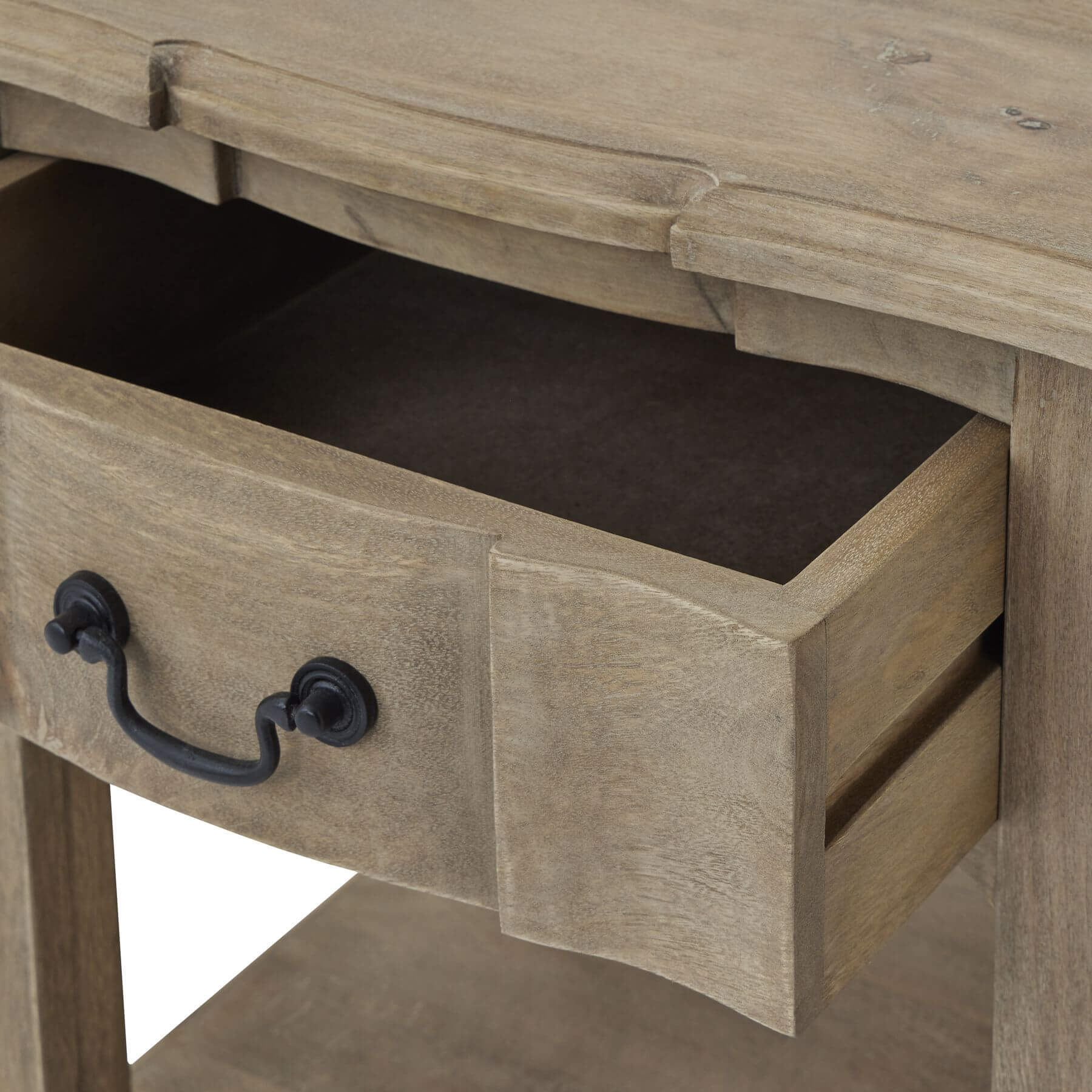 Handcrafted French provincial side table with hardwood construction, bleached wood finish, and black iron handles. by Sostter at brixbailey.com
