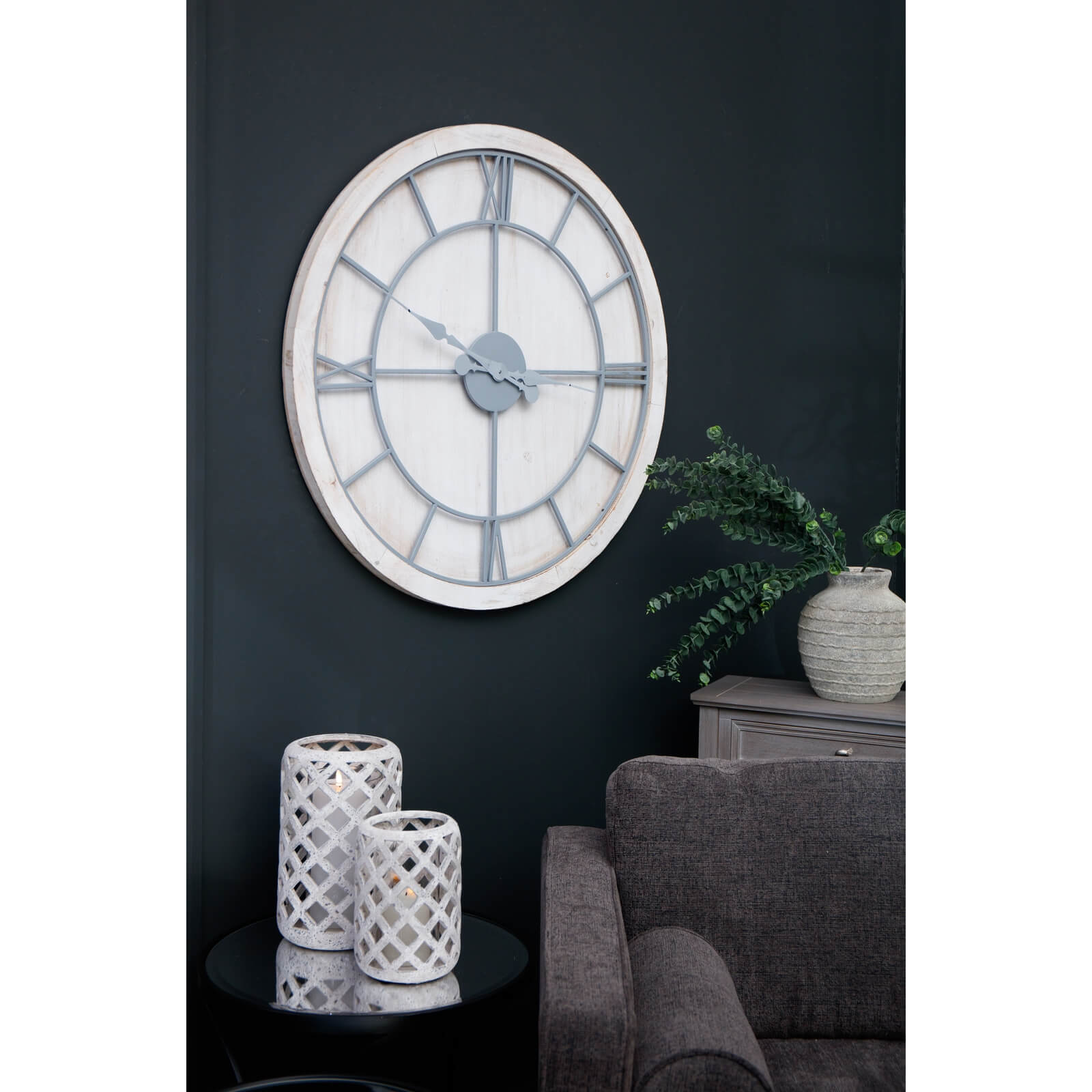 Large Whitewashed Wood Silver Square Skeleton Wall Clock