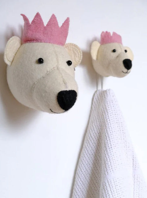 Luxury white felt bear with pink crown, handcrafted organic wool mini plush, best-selling princess gift, 20cm by Ella James at brixbailey.com