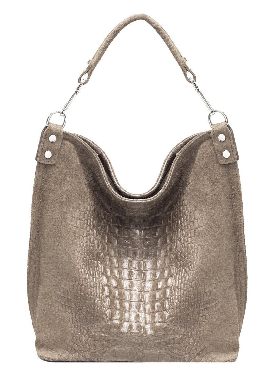 Beige Croc Suede Leather Hobo Shoulder Bag | Baxlx - Brix + Bailey