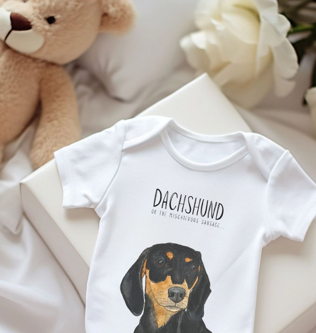 Mischievous Hot Dog Baby Bodysuit – Too Cute to Handle! Black &amp; Tan Dachshund