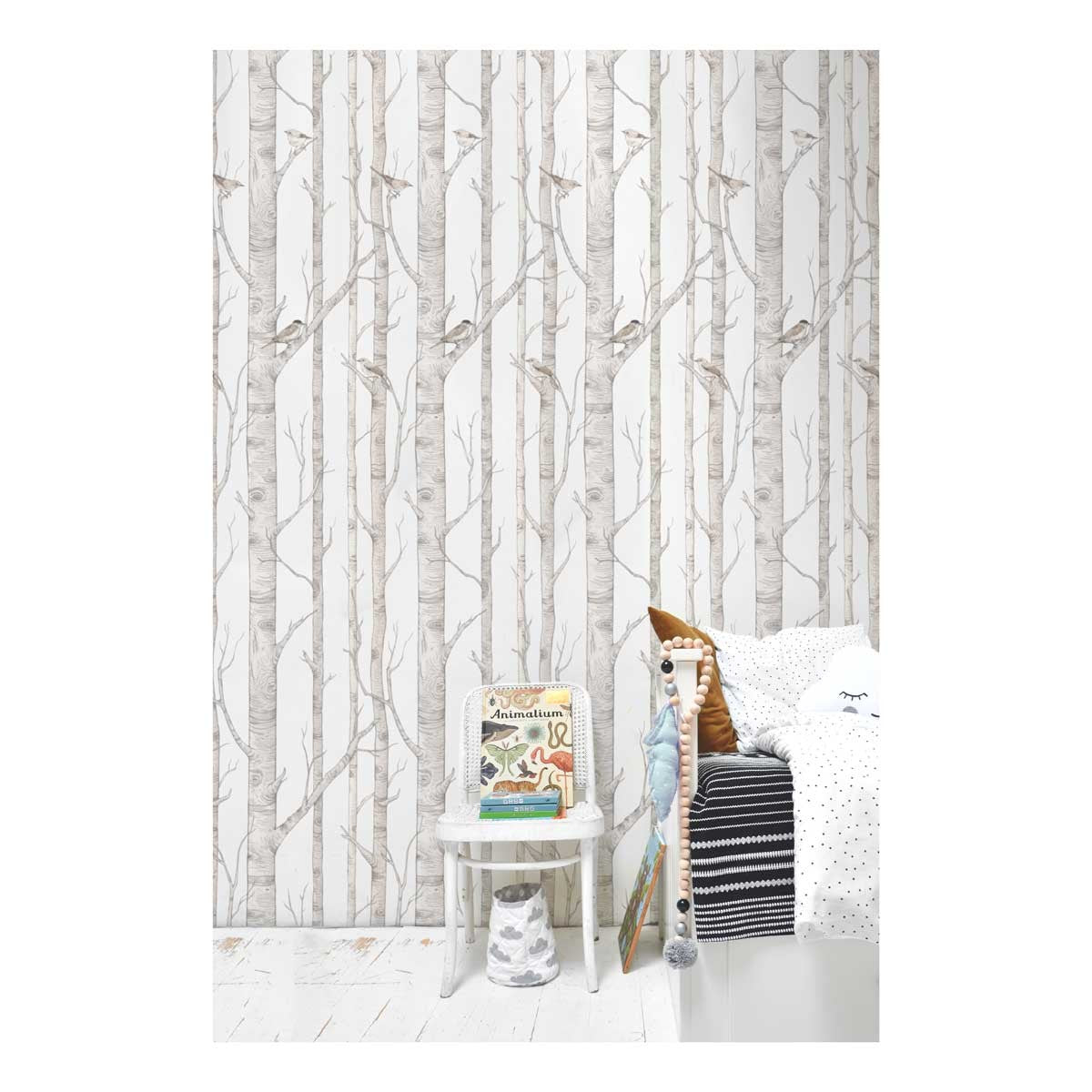 bold birch forest wallpaper for a kids room with a confident scandinavian design