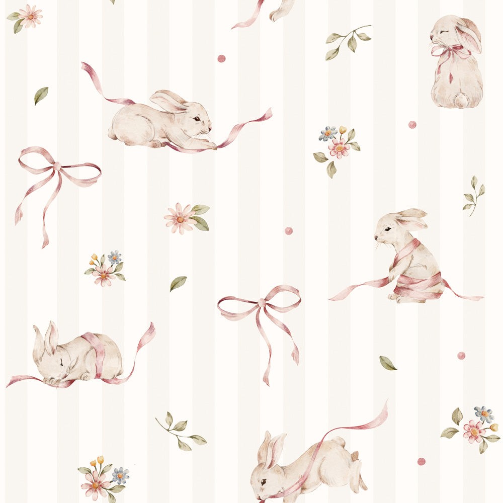 Pink Rabbit Stripes Wallpaper for Kids Rooms