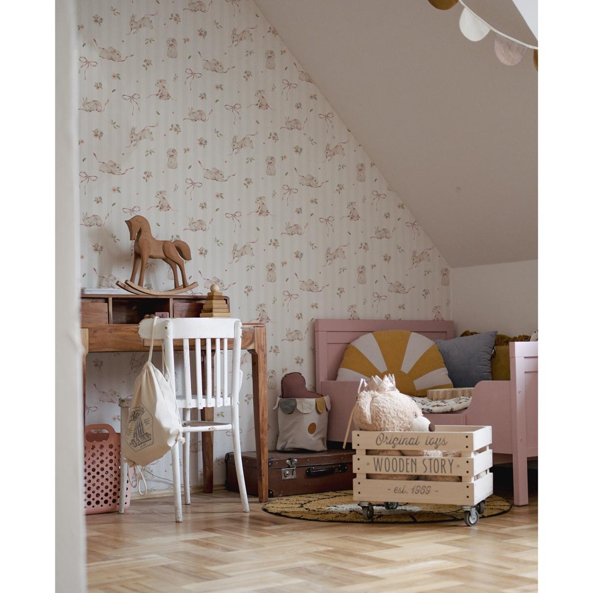 Pink Rabbit Stripes Wallpaper for Kids Rooms