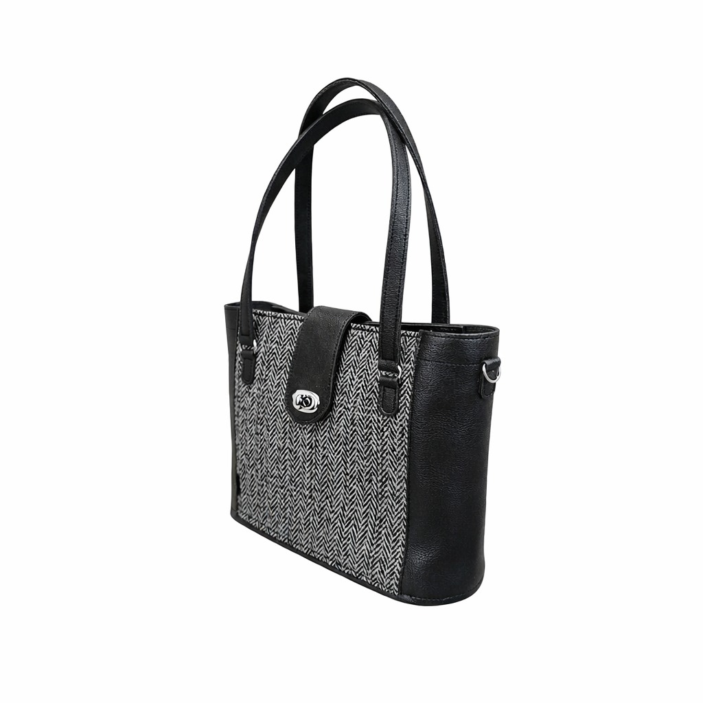 Tannery Tweed &amp; Leather Mini Twist Lock Shopper Bag - Black