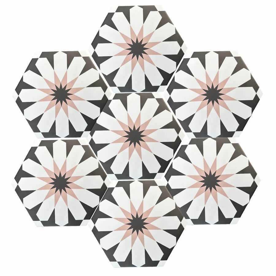 Luz black and white porcelain tile, premium arabesque pattern, stylish anti-slip outdoor and indoor tile, luxury dusky pink accents by Maria Starling Design at brixbailey.com