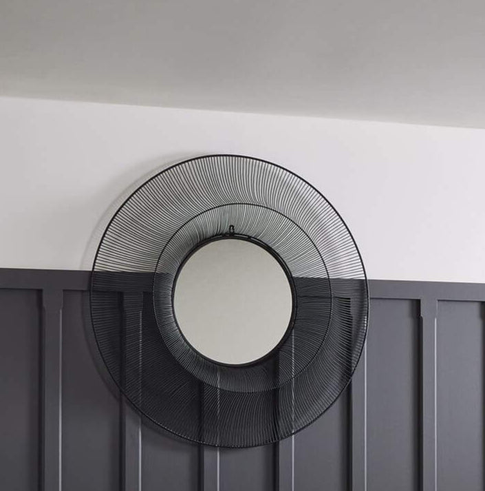 Large Round Black 3D Wire Mirror