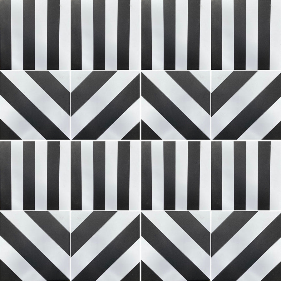 Black stripe porcelain tile, luxury durable anti-slip chevron pattern, indoor outdoor use, premium handcrafted design by Maria Starling Design at brixbailey.com