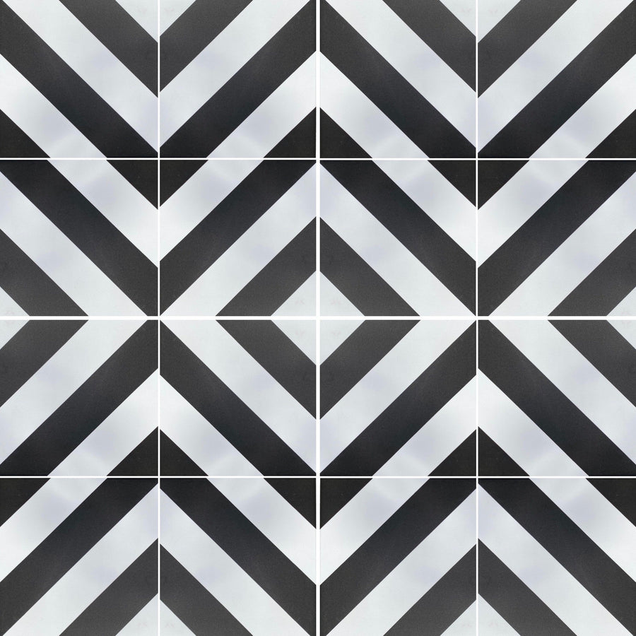 Black stripe porcelain tile, premium luxury chevron pattern, durable anti-slip outdoor indoor tile, best-selling black and white porcelain tile by Maria Starling Design at brixbailey.com