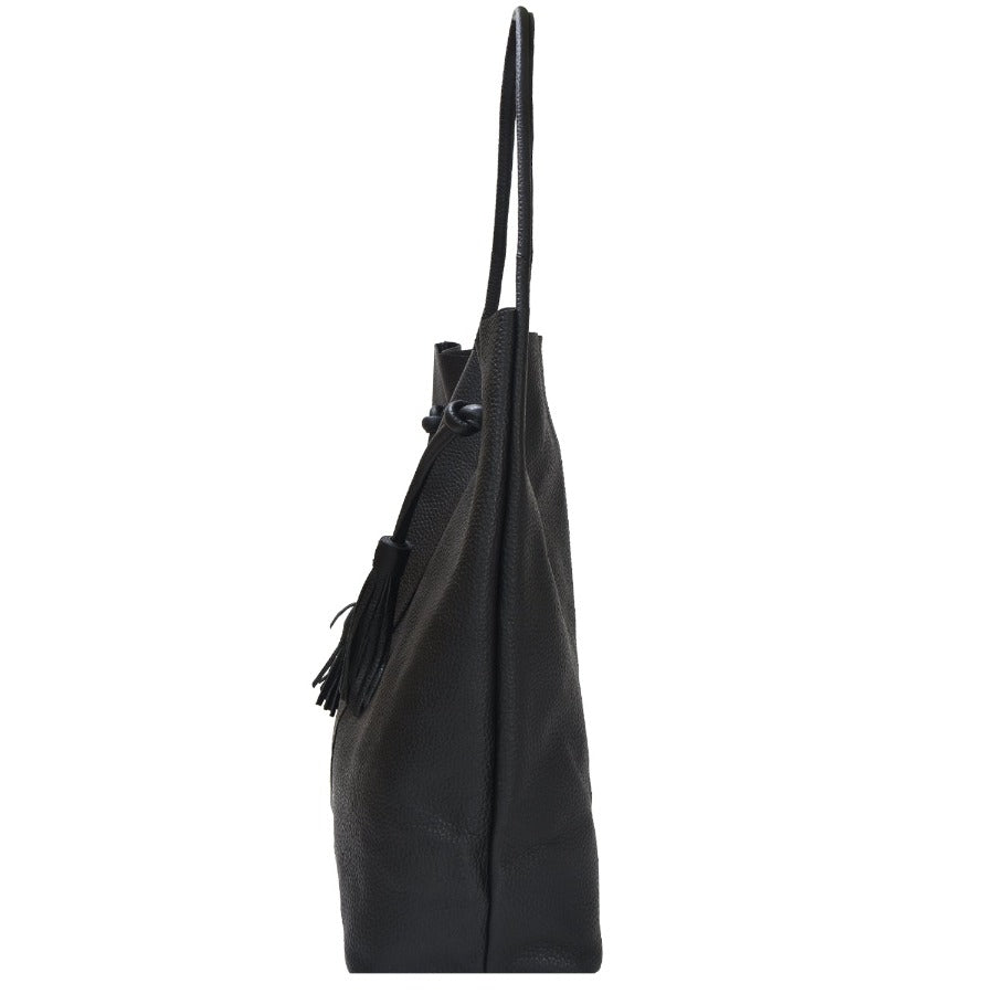 Black Drawcord Leather Hobo Shoulder Bag Ethical Sustainable LEather Tote Bag Brix And Bailey Brand