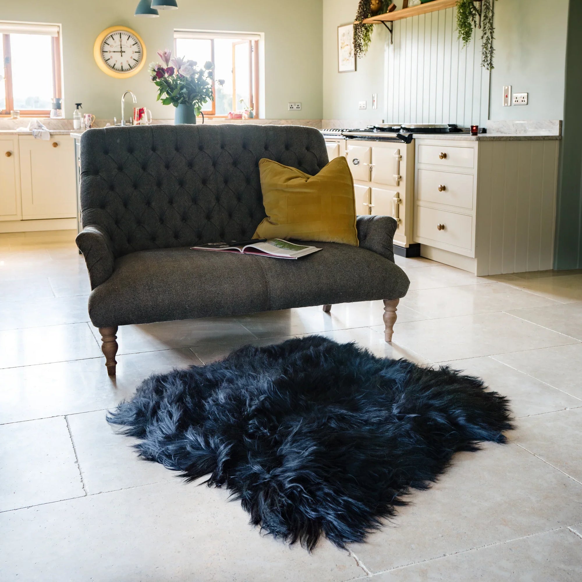 Luxury Icelandic sheepskin rug, premium natural black long fur, handcrafted side by side throw, 110cm x 130cm by Wildash London at brixbailey.com