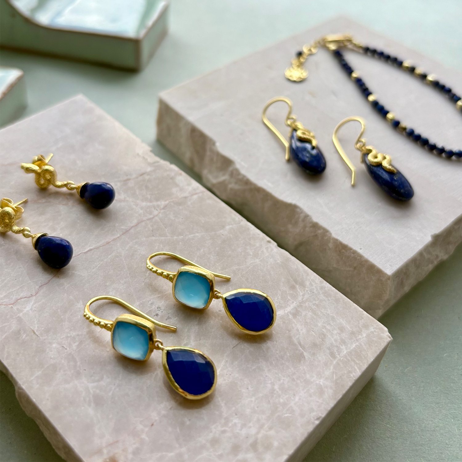 Charis Double Gemstone Earrings Blue Chalcedony &amp; Blue Jade