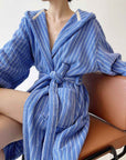 Blue Retro Hooded Stripe Bathrobe, 100% ORGANIC Long-stapled Cotton-4