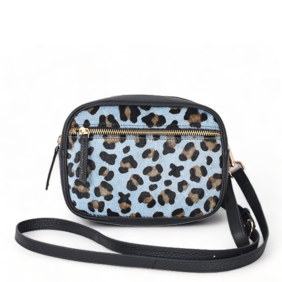 Blue Animal Print Convertible Leather Cross Body Camera Bag Brix and Bailey Ethical Handbag Brand